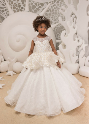 Beaded Ivory Lace Tulle Peplum Flower Girl Dress